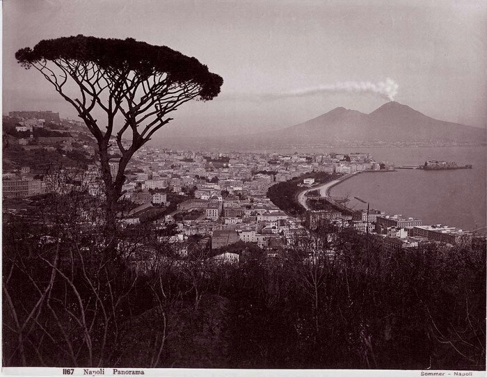 Panorama di Napoli e del golfo con il Vesuvio fumante