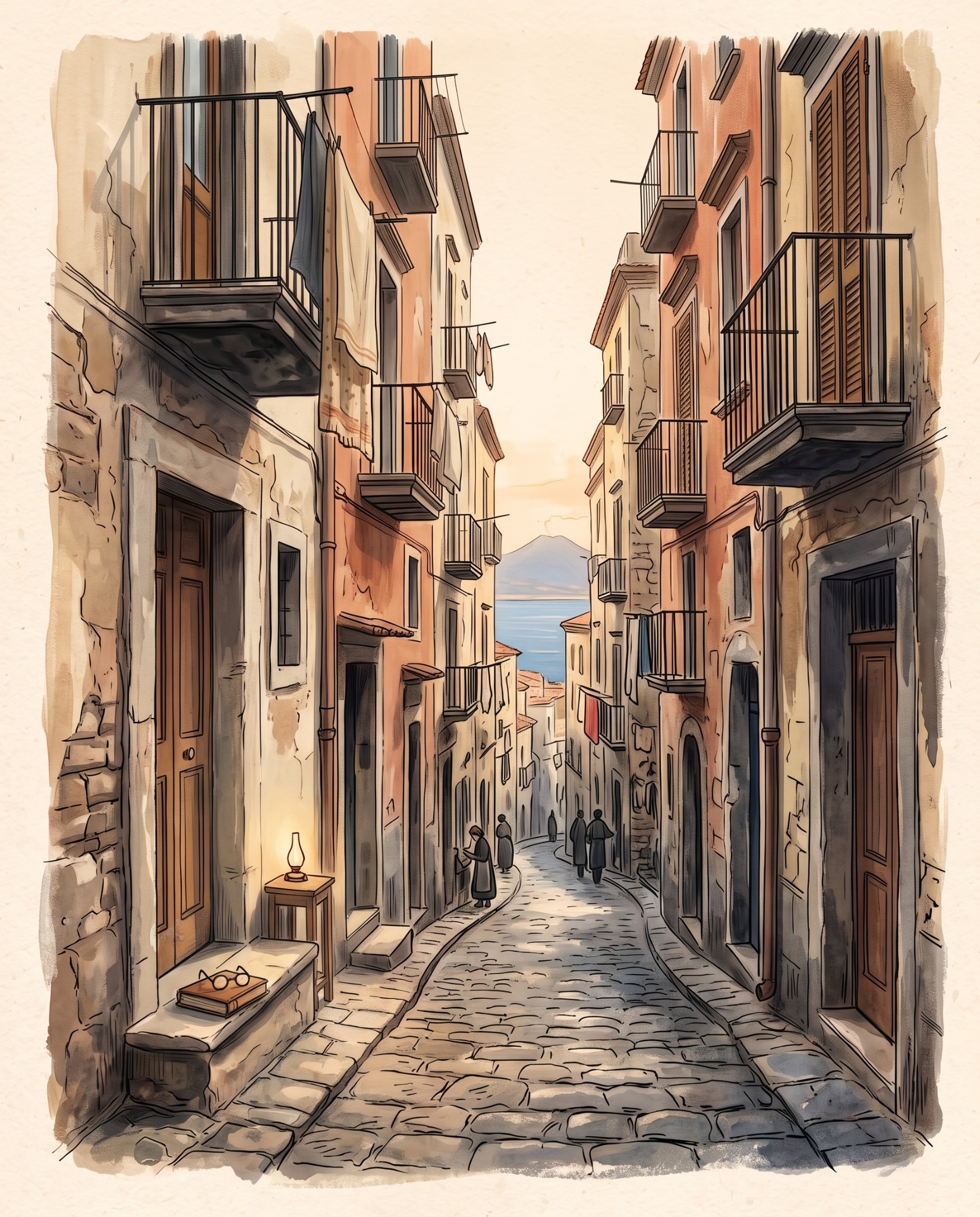 Illustrazione di una strada napoletana tra balconi e case, con il mare sullo sfondo