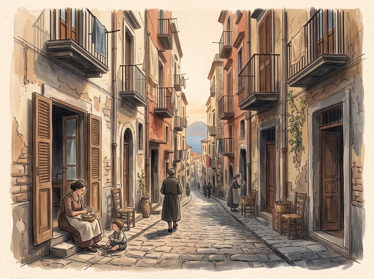 Illustrazione di una strada popolare napoletana con persone davanti alle case