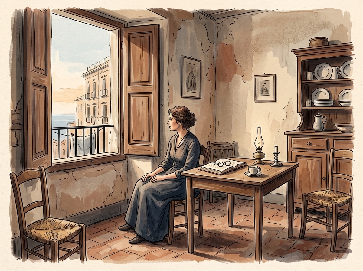 Illustrazione di una lettrice seduta accanto a una finestra affacciata sul mare