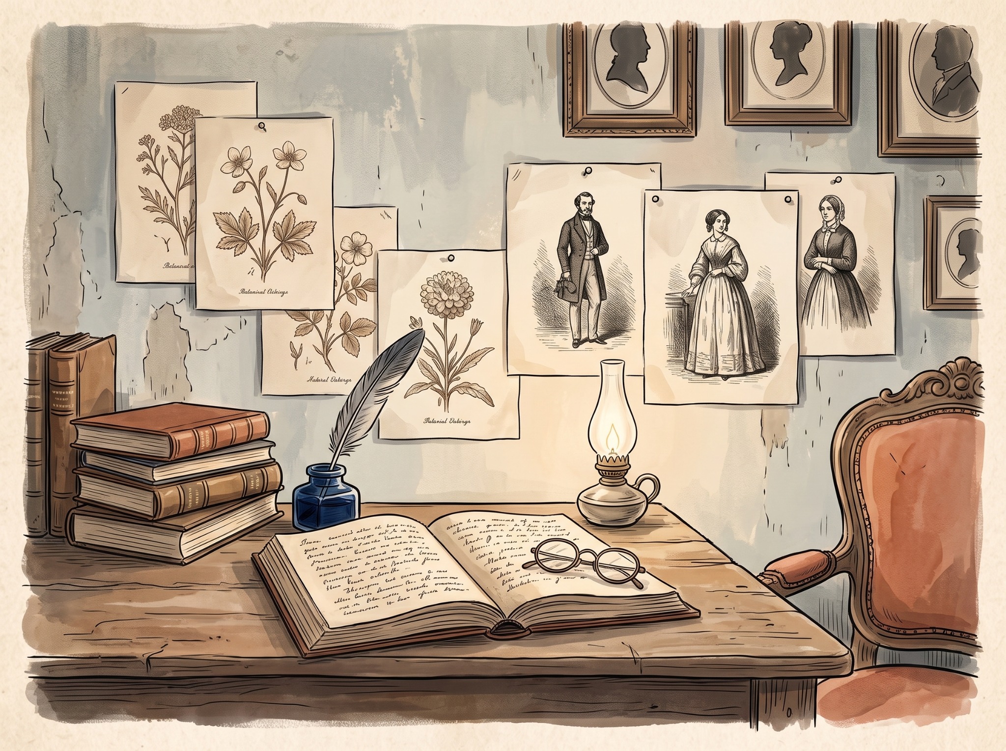 Illustrazione editoriale con libri, pagine, penna e ritratti d'epoca su una parete